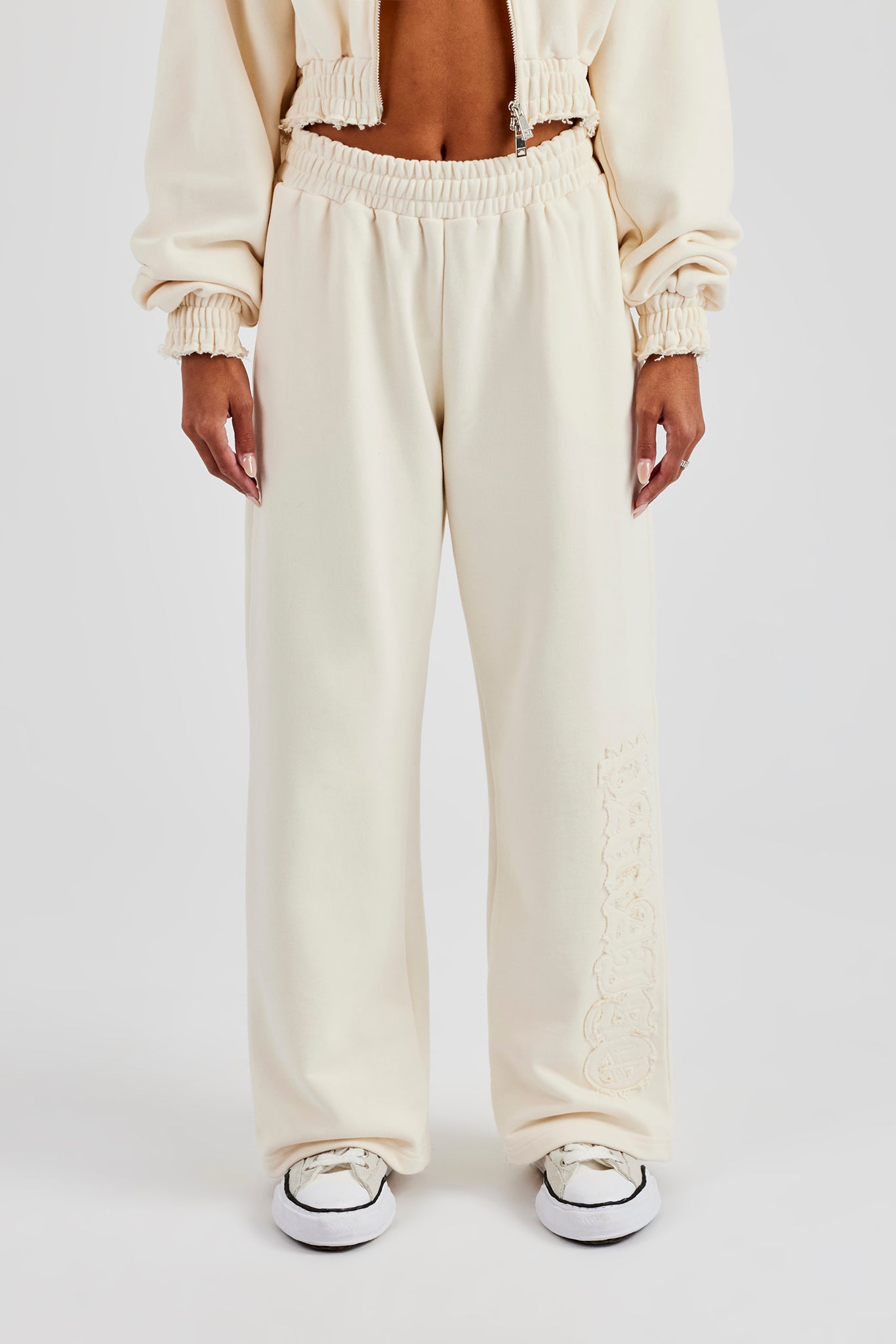 Distressed Applique Wide Leg Jogger - Butter Yellow